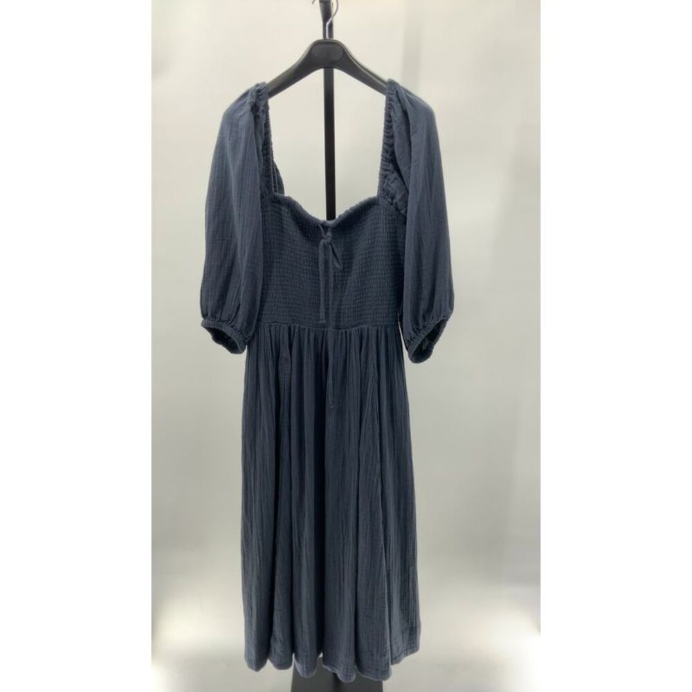 Quince Women's 100% Organic Cotton Gauze Smocked Square Neck Midi Dress Blue L